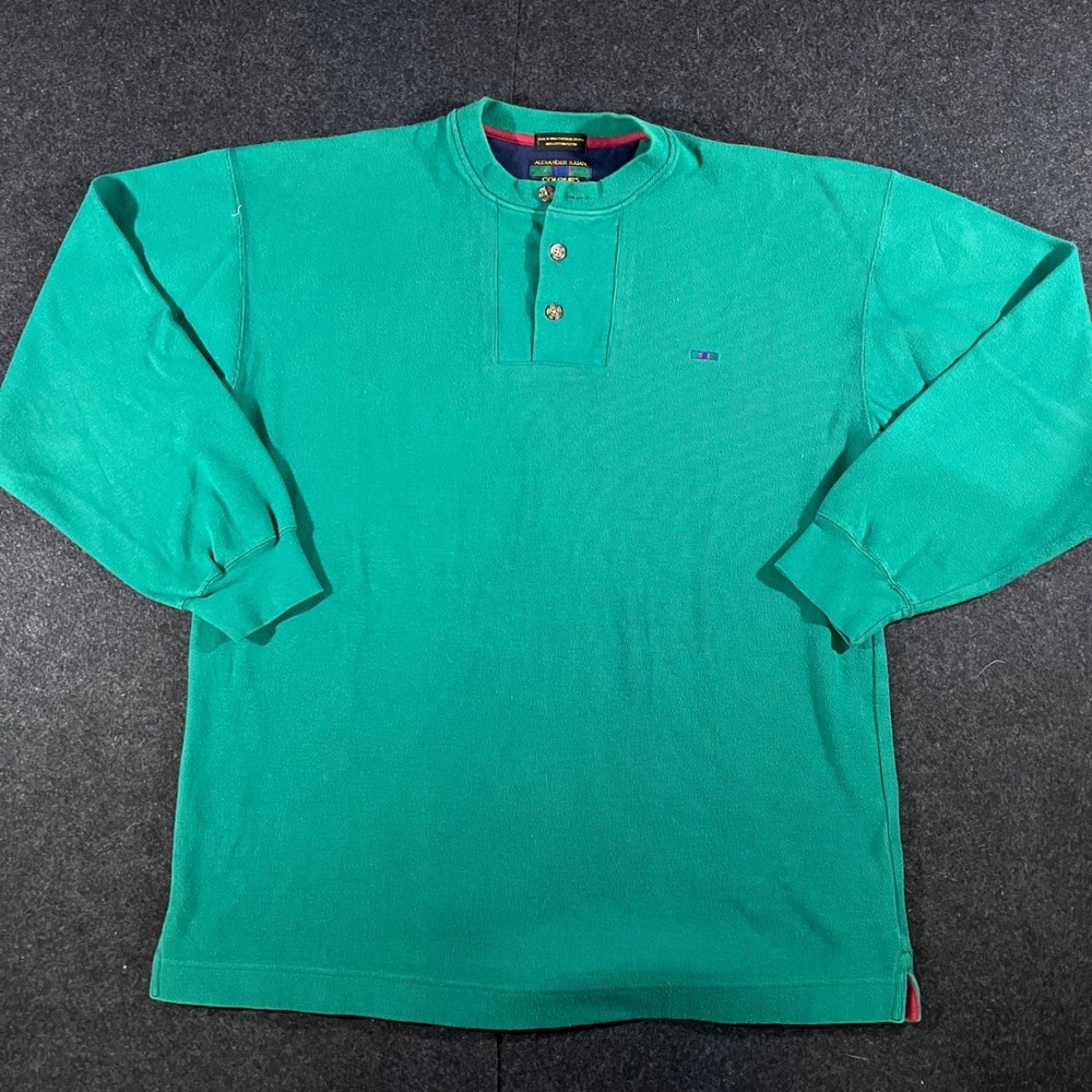 Vintage Alexander Julian Colours Henley Shirt Mens L Green 90s Ribbed Cotton Tee